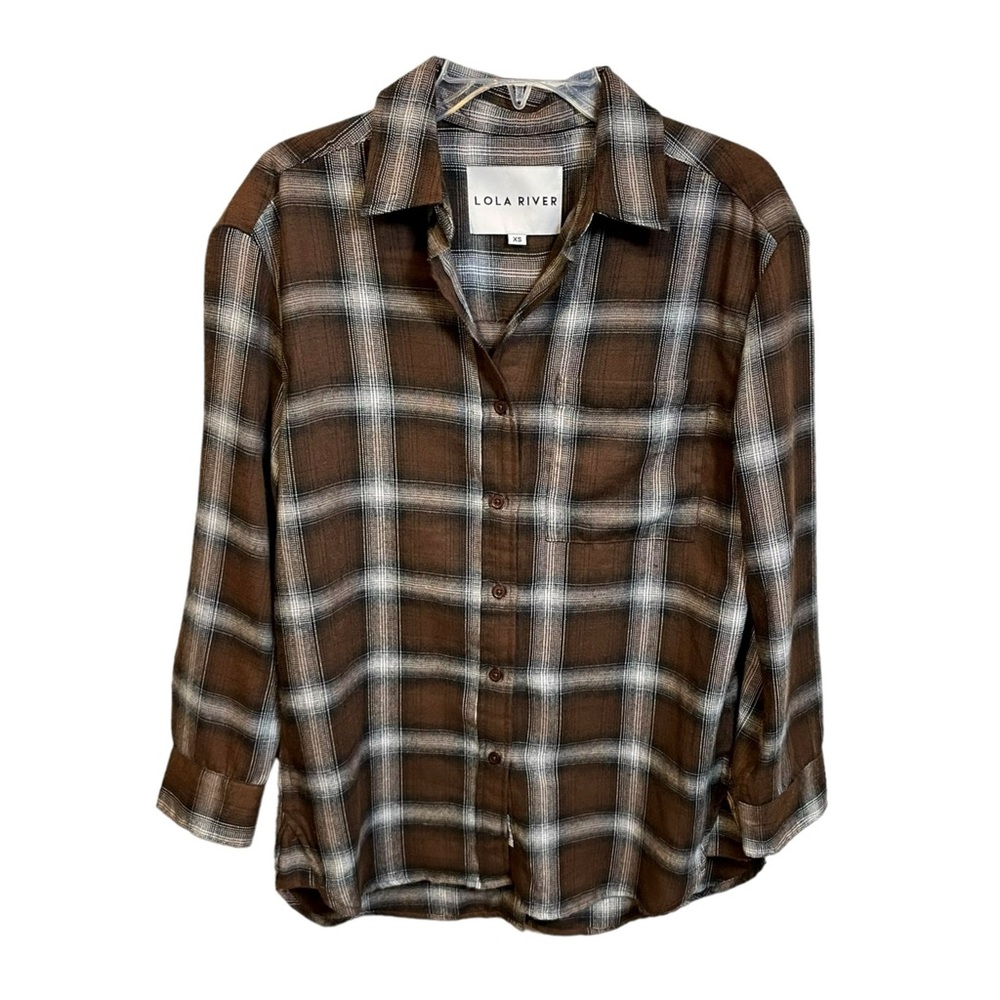 Anthropologie Lola River Oversized Shirt brown plaid button back  flannel softXS